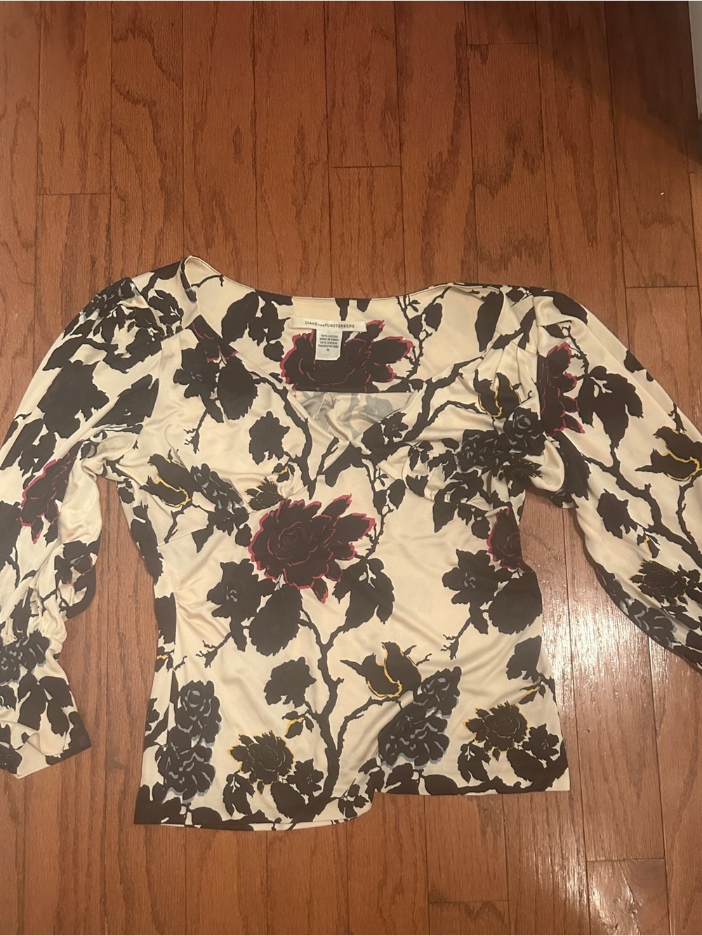 Diane Von Furstenberg Cream Blouse with Black Floral Print and Pink Accents